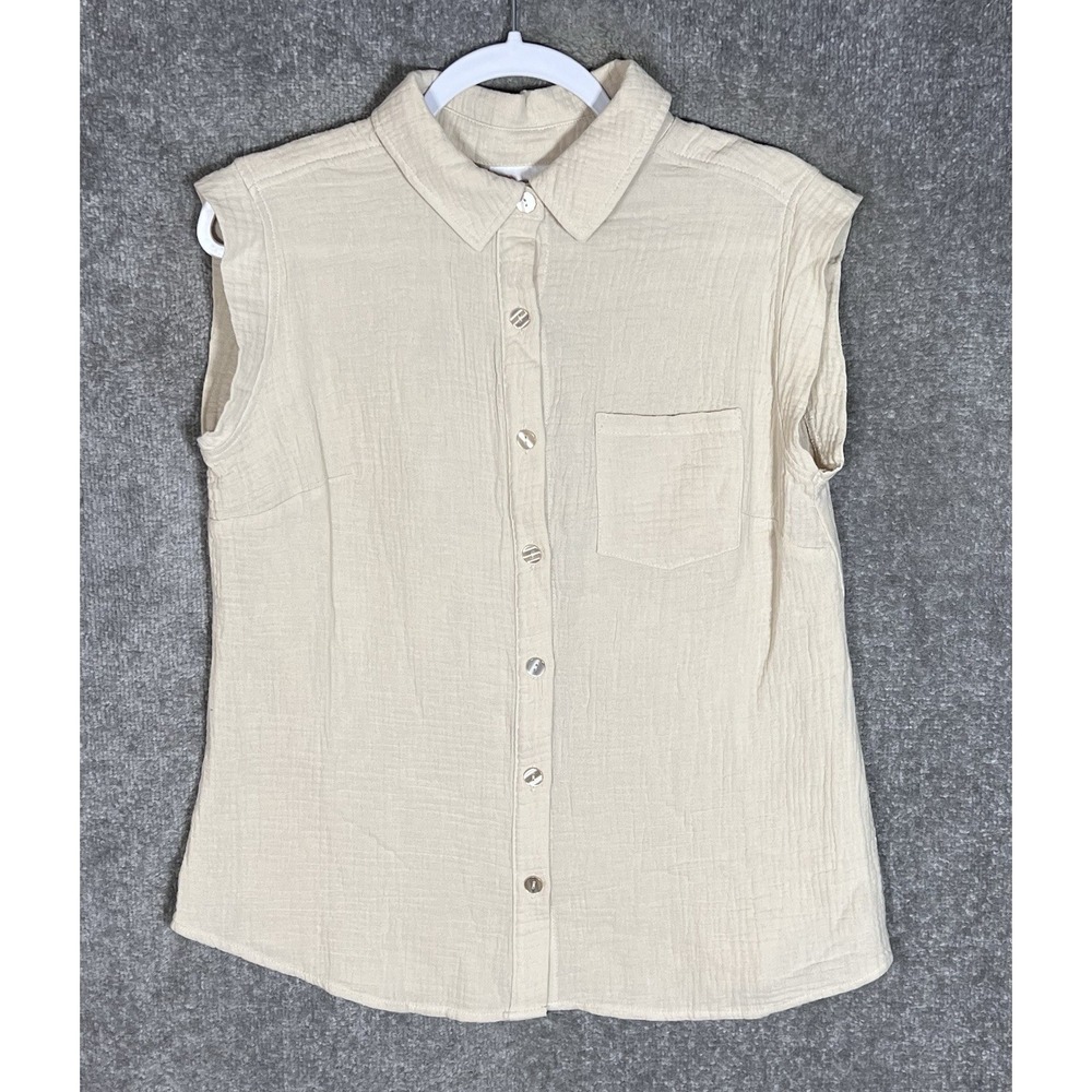 Belle Beach Kim Gravel Cotton Gauze Button Up Top Womens Sz Small Beige Pocket